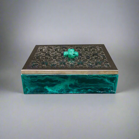 Bespoke Home Jewels Malachite Elephant Cut Silver Metal Lid Jewlery Trinket Box