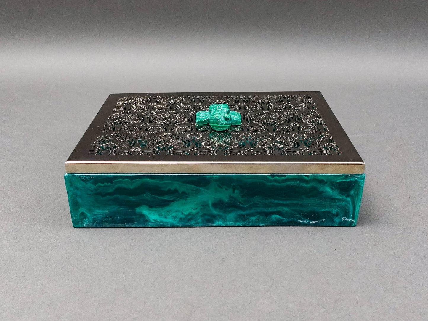 Bespoke Home Jewels Malachite Elephant Cut Silver Metal Lid Jewlery Trinket Box