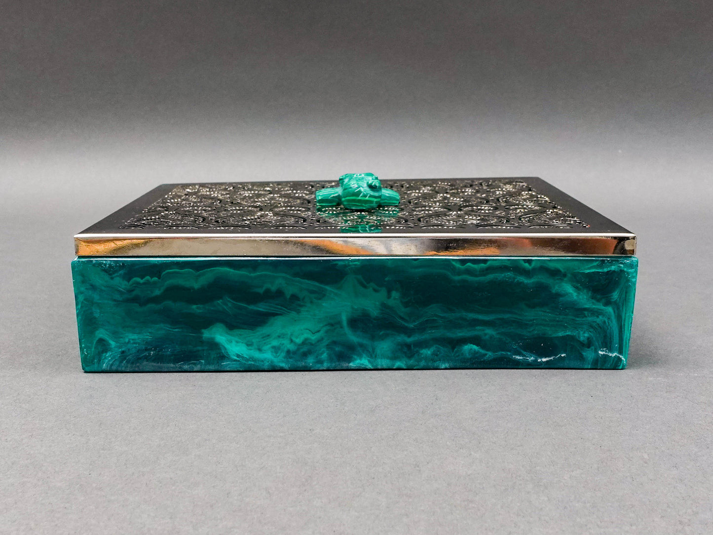 Bespoke Home Jewels Malachite Elephant Cut Silver Metal Lid Jewlery Trinket Box