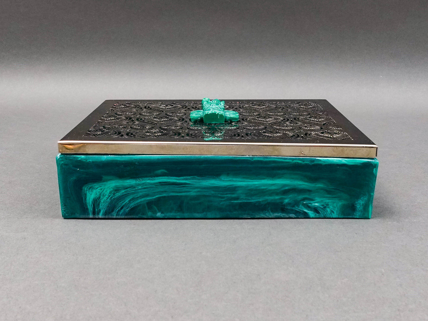 Bespoke Home Jewels Malachite Elephant Cut Silver Metal Lid Jewlery Trinket Box