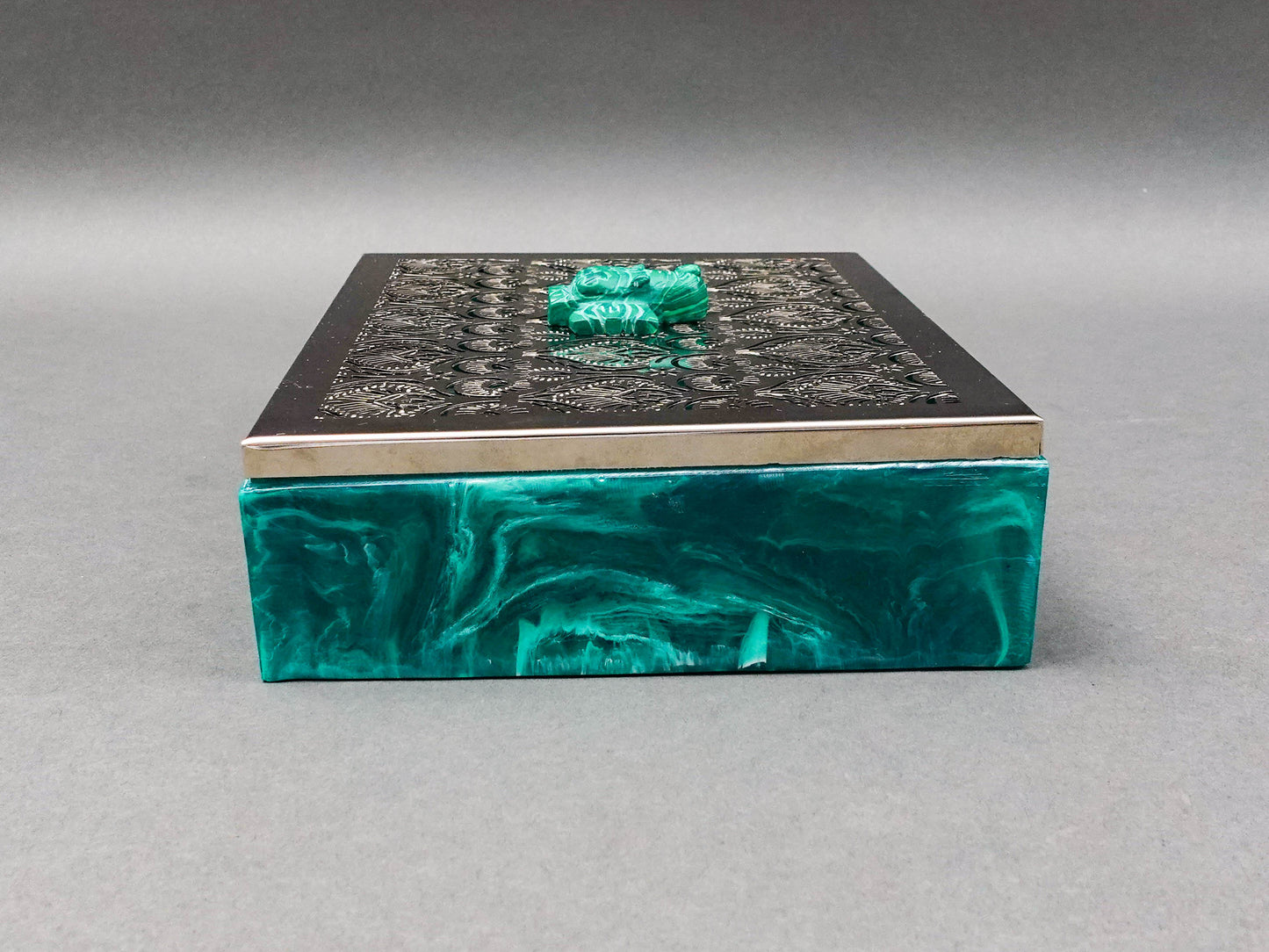 Bespoke Home Jewels Malachite Elephant Cut Silver Metal Lid Jewlery Trinket Box