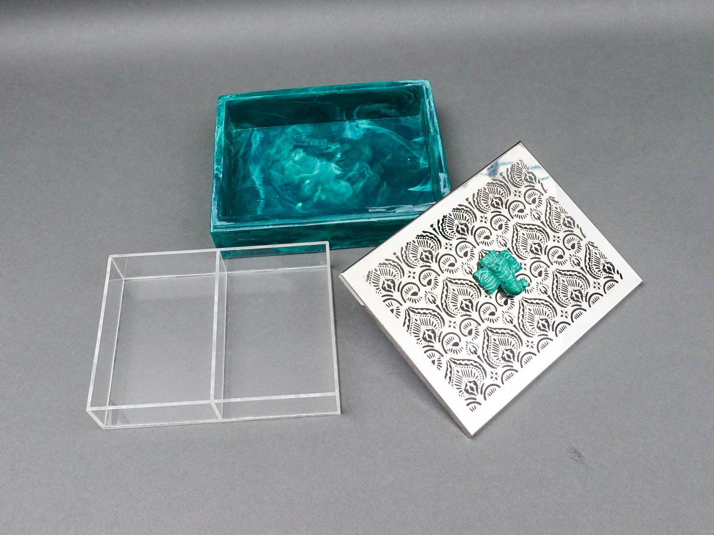 Bespoke Home Jewels Malachite Elephant Cut Silver Metal Lid Jewlery Trinket Box