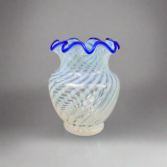 Fenton Blue Ridge Opalescent White Optic Swirl Art Glass Vase 4 5/8"