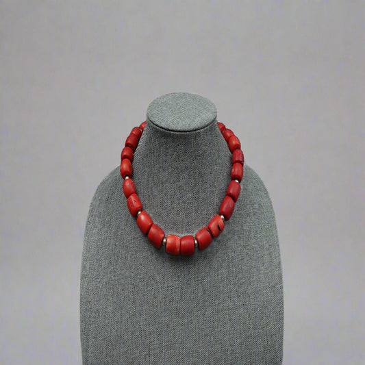 Sterling Silver 925 Red Coral Barrel Beaded Choker Necklace 17"