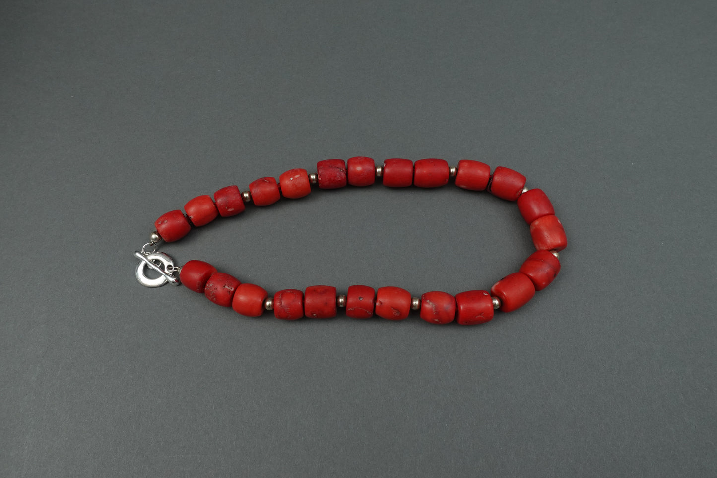 Sterling Silver 925 Red Coral Barrel Beaded Choker Necklace 17"