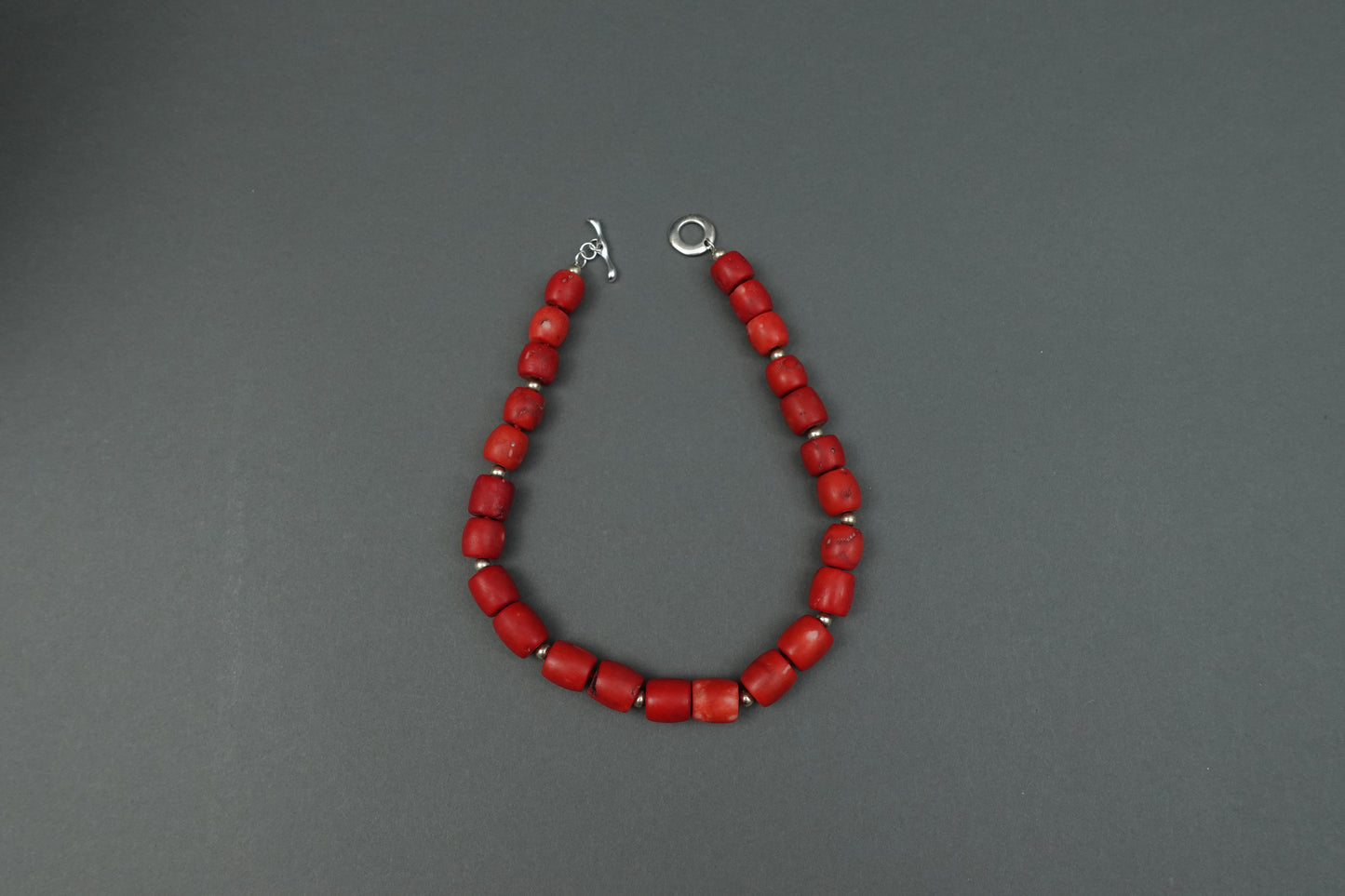 Sterling Silver 925 Red Coral Barrel Beaded Choker Necklace 17"