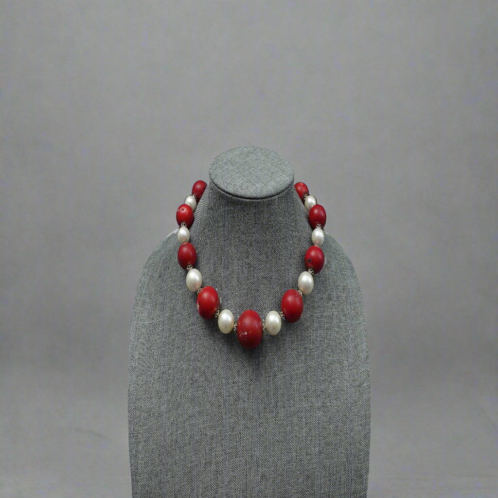 Sterling Silver Faux Pearl & Red Coral Chunky Beaded Choker Necklace 17"