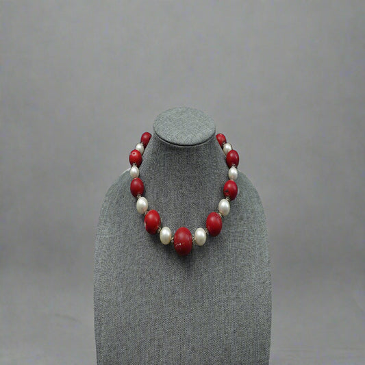 Sterling Silver Faux Pearl & Red Coral Chunky Beaded Choker Necklace 17"