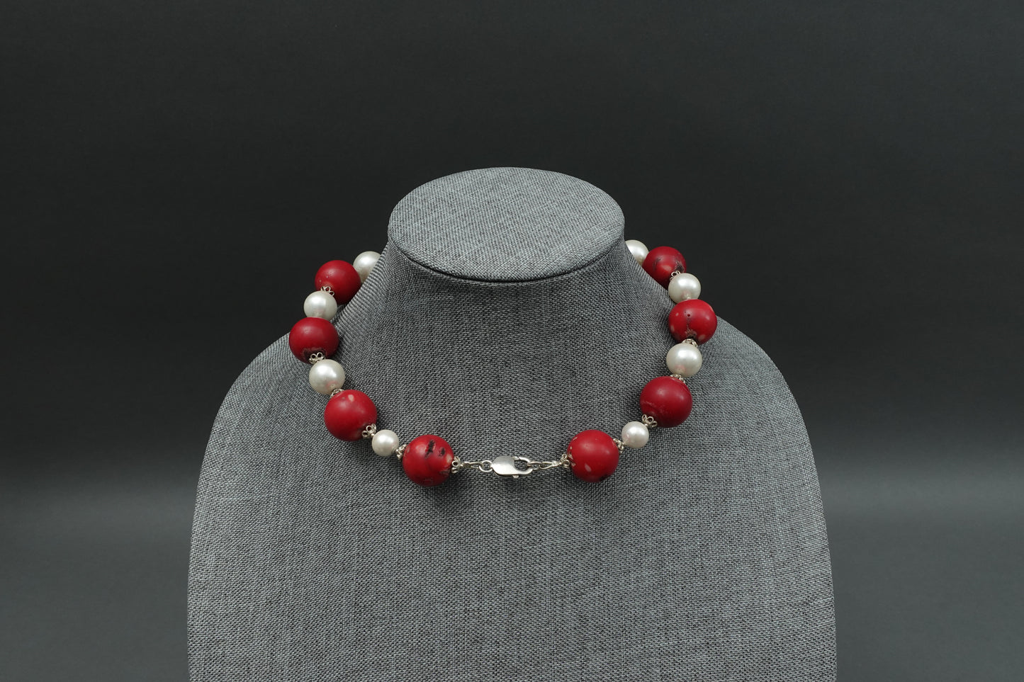 Sterling Silver Faux Pearl & Red Coral Chunky Beaded Choker Necklace 17"