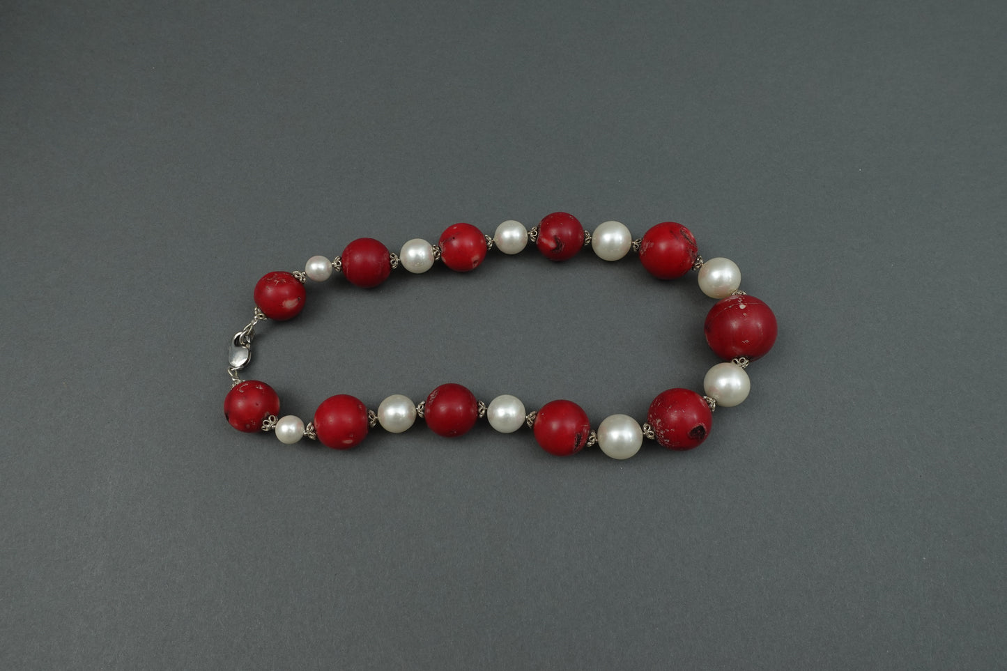 Sterling Silver Faux Pearl & Red Coral Chunky Beaded Choker Necklace 17"