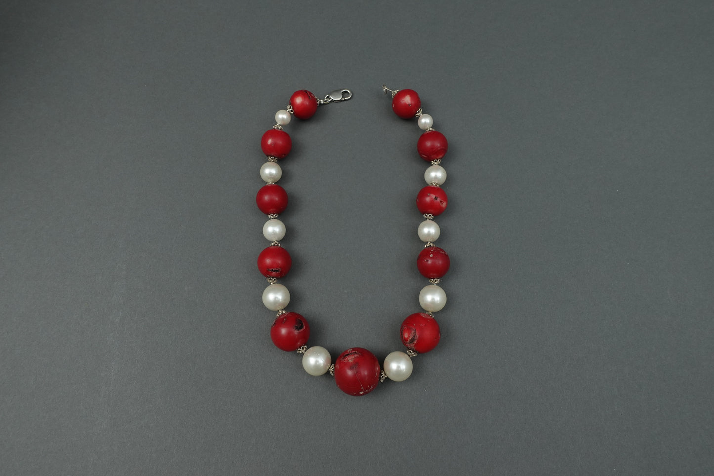 Sterling Silver Faux Pearl & Red Coral Chunky Beaded Choker Necklace 17"