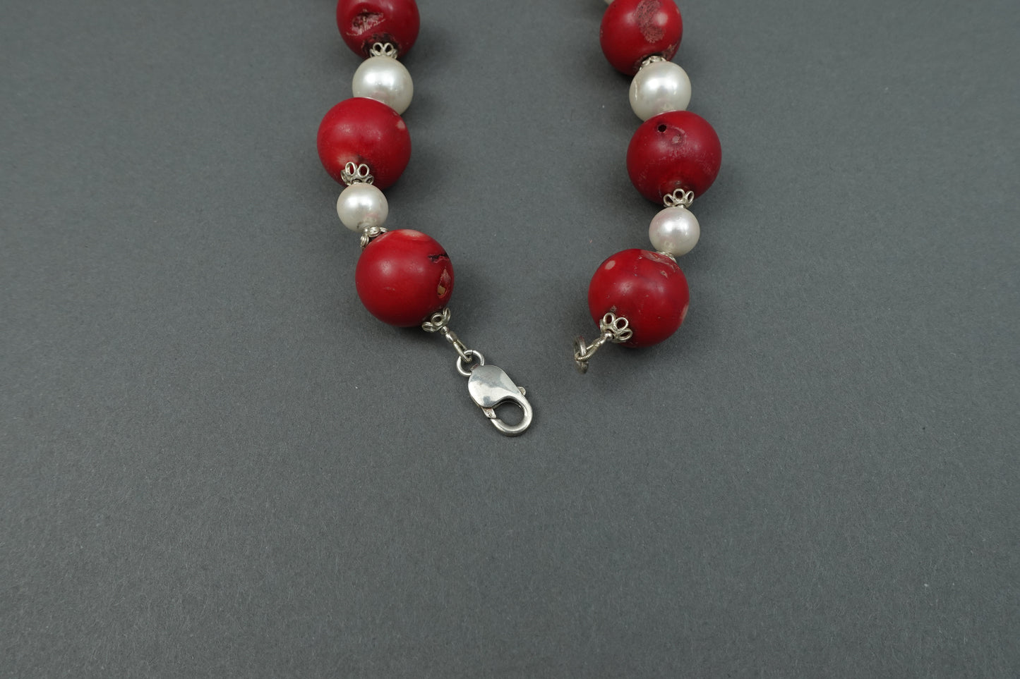 Sterling Silver Faux Pearl & Red Coral Chunky Beaded Choker Necklace 17"