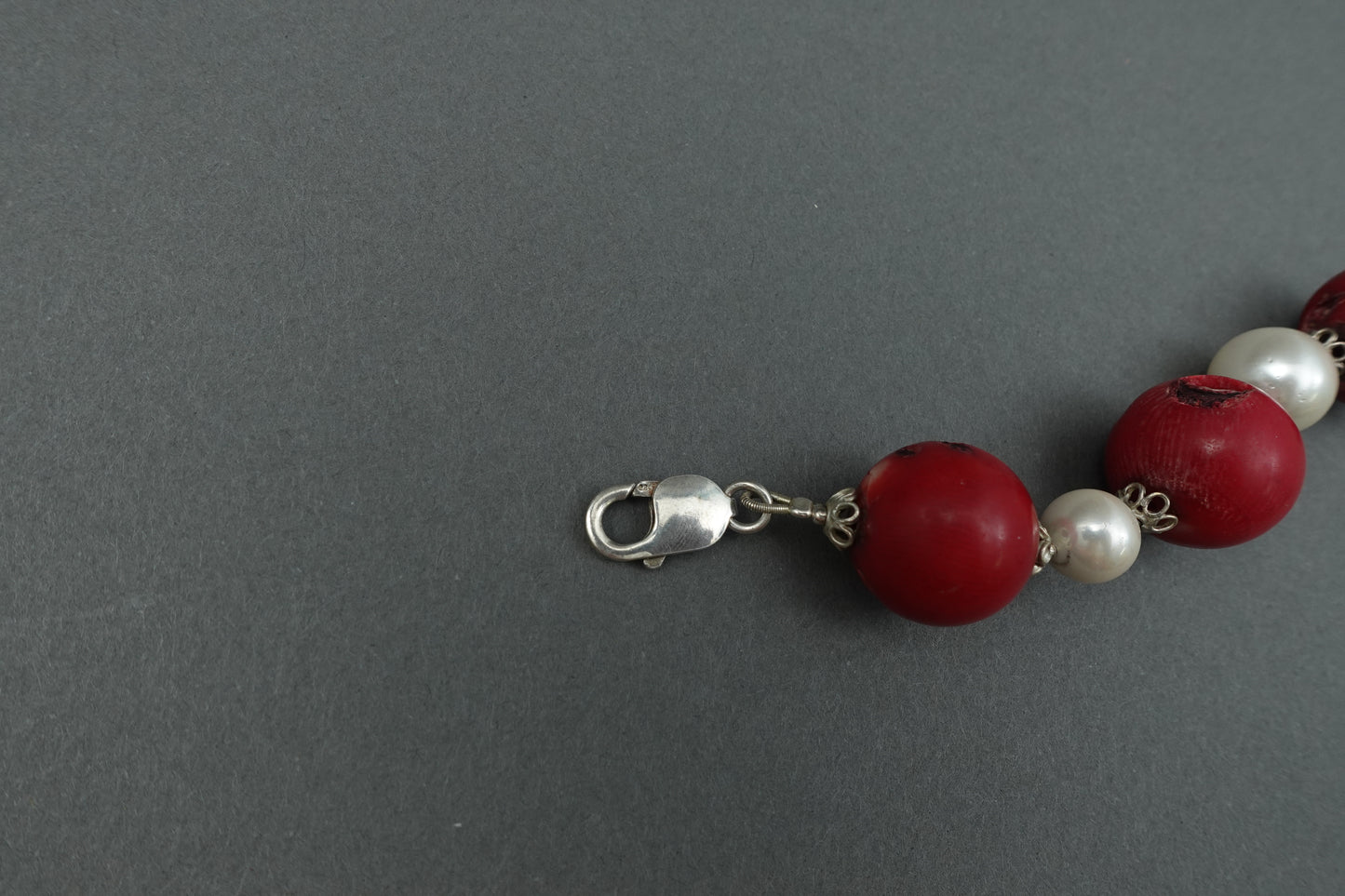Sterling Silver Faux Pearl & Red Coral Chunky Beaded Choker Necklace 17"