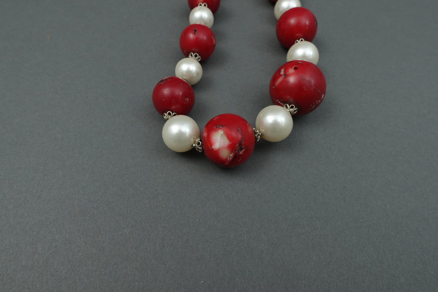 Sterling Silver Faux Pearl & Red Coral Chunky Beaded Choker Necklace 17"