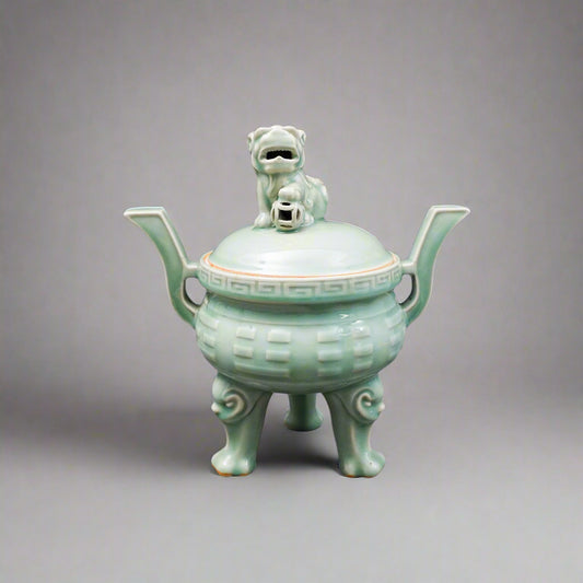 Celadon Vintage Foo Dog Porcelain Handled Censer Burner.