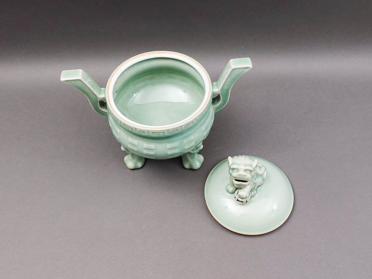 Celadon Vintage Foo Dog Porcelain Handled Censer Burner.