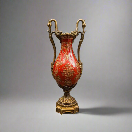 Vintage Hand Painted Gold Floral Porcelain Ornate Bronze Swan Urn Vase 18 1/2"