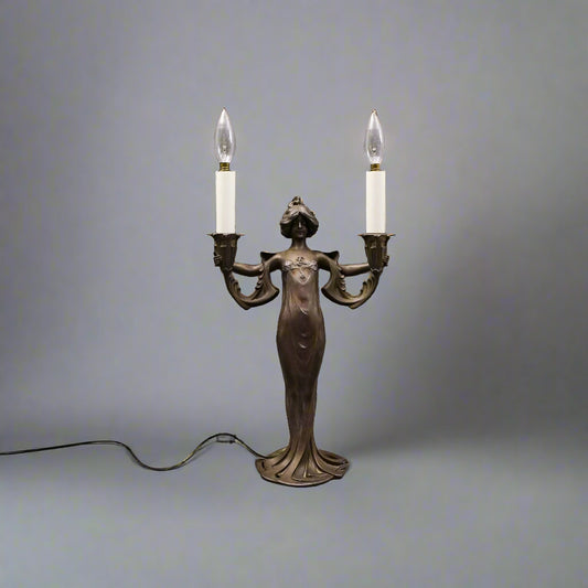 Lucien Alliot (French 1877-1967) Art Nouveau Painted Bronze Spelter Figural Lamp