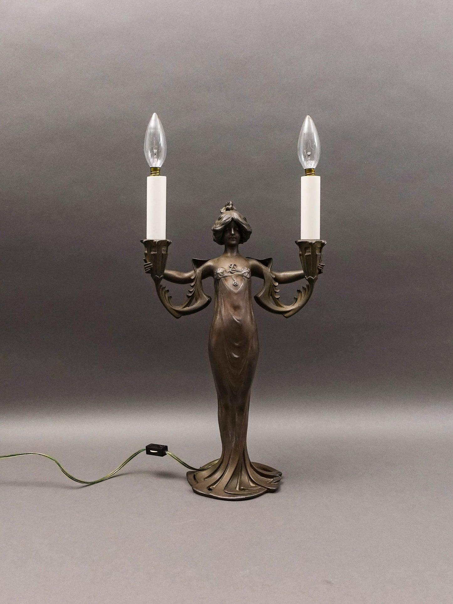 Lucien Alliot (French 1877-1967) Art Nouveau Painted Bronze Spelter Figural Lamp