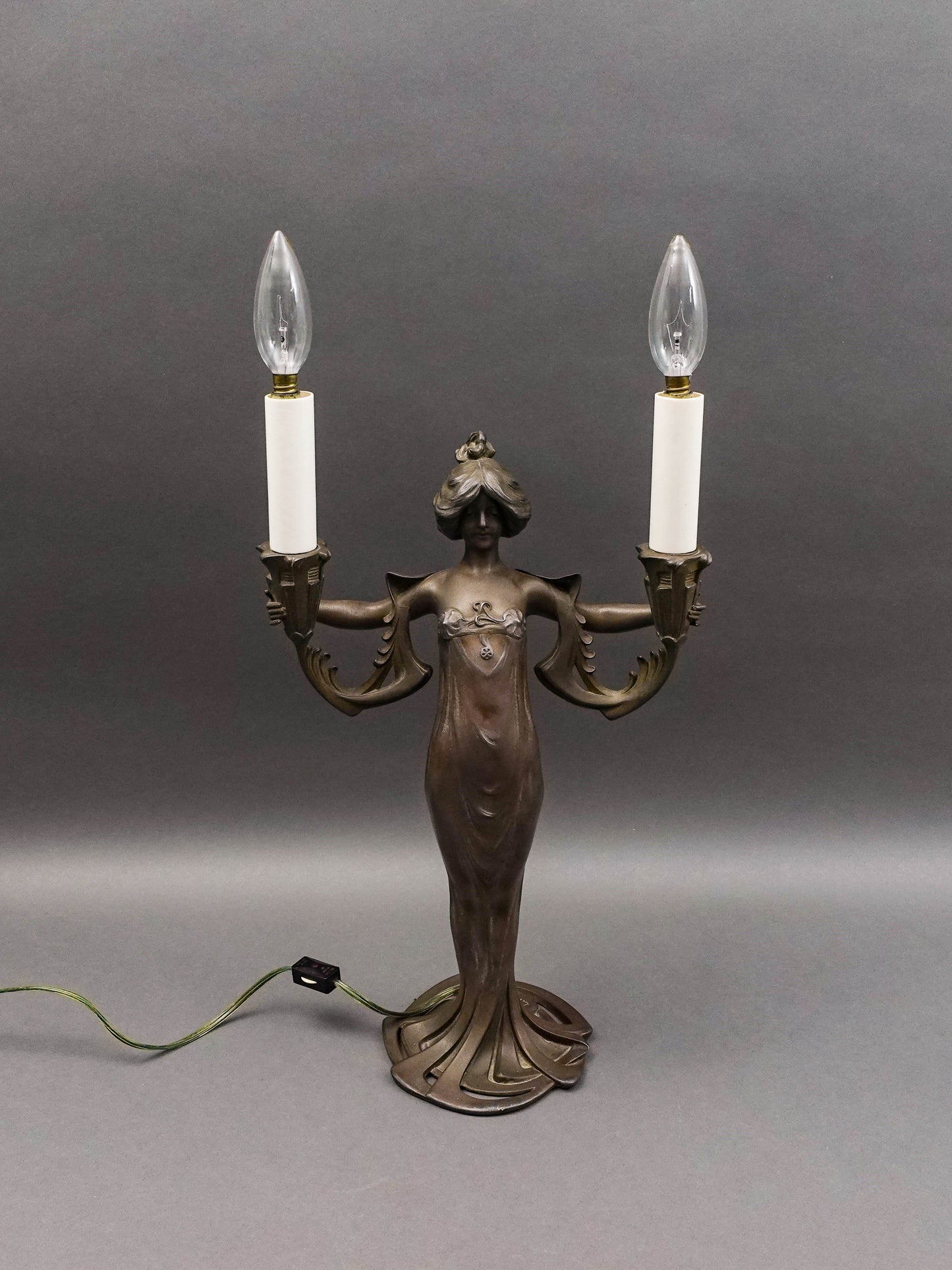 Lucien Alliot (French 1877-1967) Art Nouveau Painted Bronze Spelter Figural Lamp