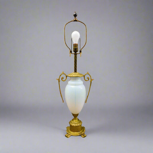 French Antique Gold Ormolu Gilt Bronze Opaline Opalescent Glass Table Lamp