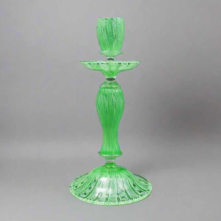 Vintage Italian Murano Green Latticino Art Glass Candlestick Candle Holder 10.5"