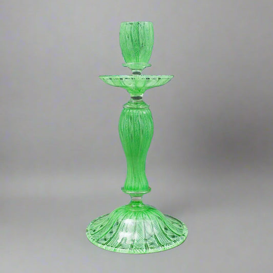 Vintage Italian Murano Green Latticino Art Glass Candlestick Candle Holder 10.5"