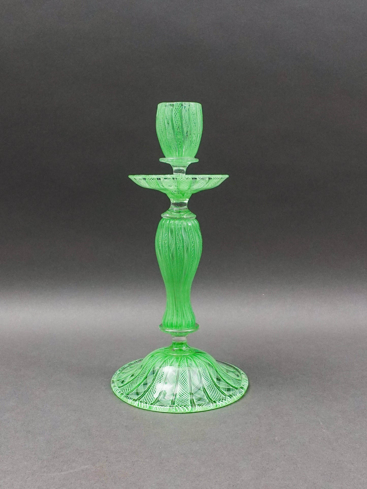 Vintage Italian Murano Green Latticino Art Glass Candlestick Candle Holder 10.5"