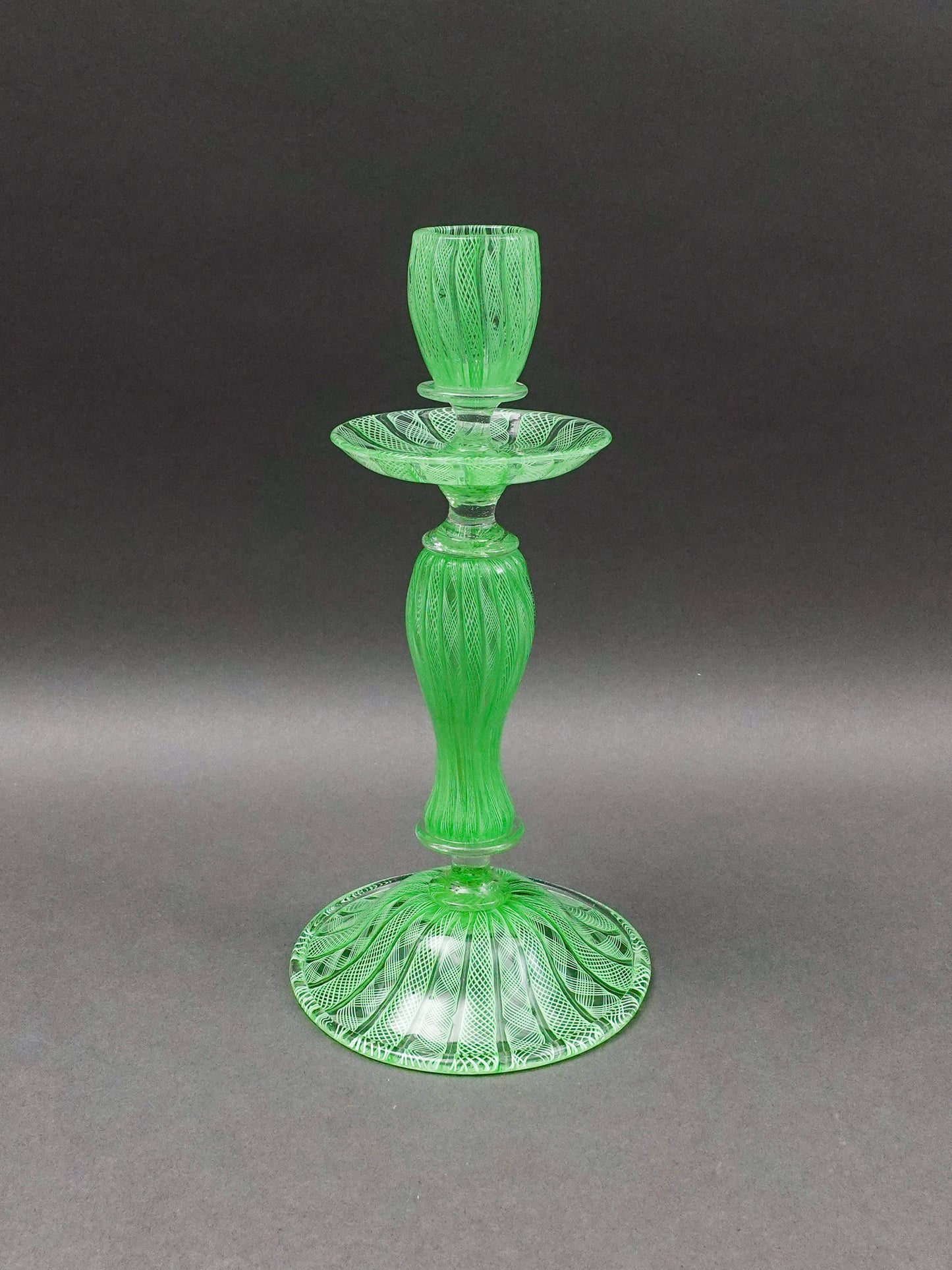 Vintage Italian Murano Green Latticino Art Glass Candlestick Candle Holder 10.5"