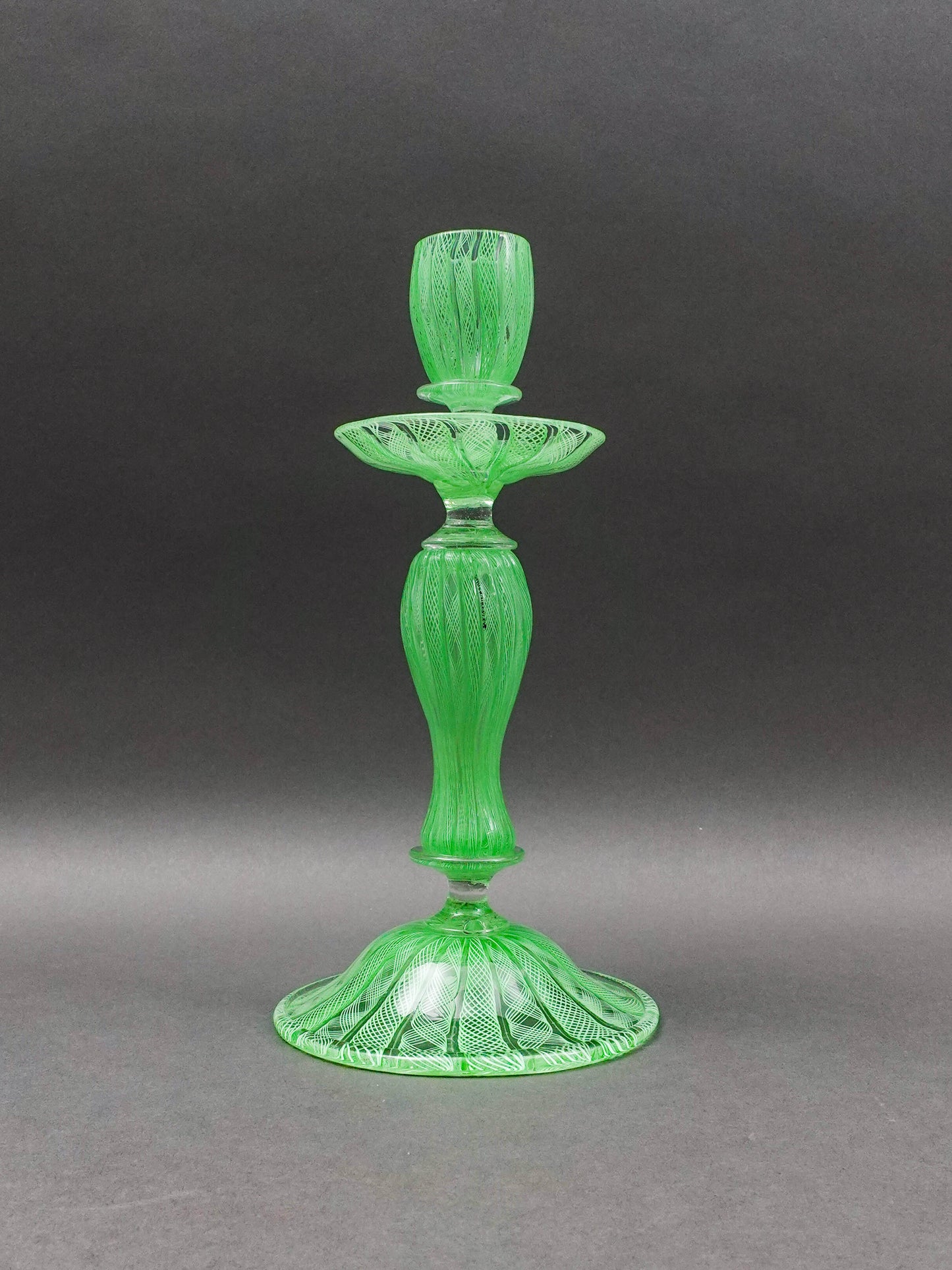 Vintage Italian Murano Green Latticino Art Glass Candlestick Candle Holder 10.5"
