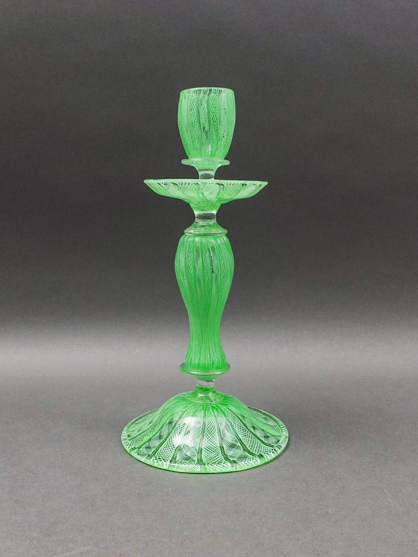 Vintage Italian Murano Green Latticino Art Glass Candlestick Candle Holder 10.5"