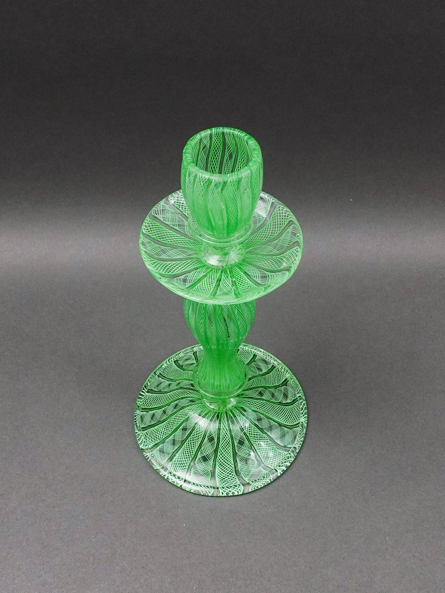 Vintage Italian Murano Green Latticino Art Glass Candlestick Candle Holder 10.5"