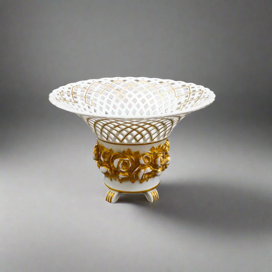 KPM Antique White Gold Floral Porcelain Reticulated Basket Compote Pedestal Bowl