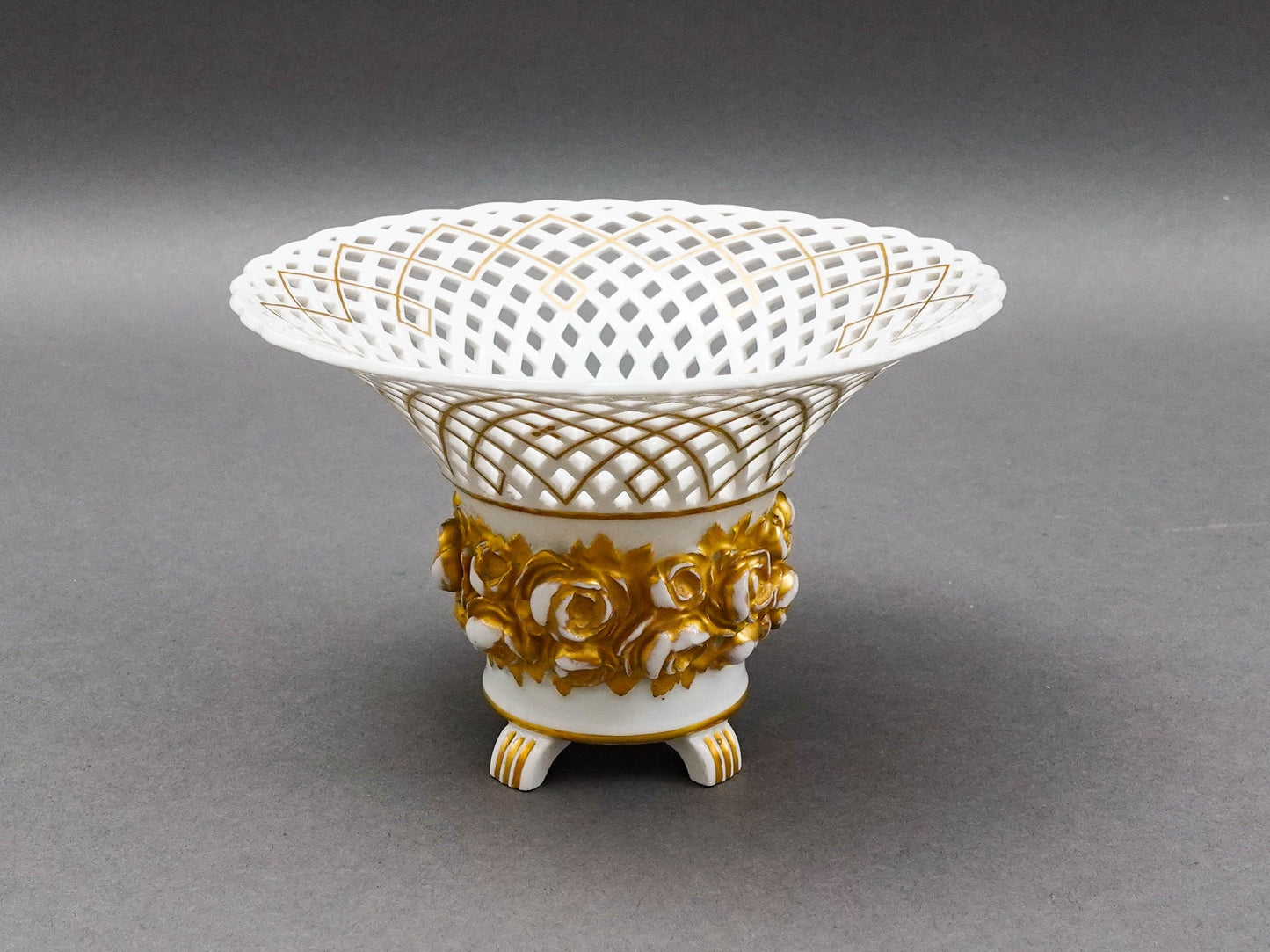 KPM Antique White Gold Floral Porcelain Reticulated Basket Compote Pedestal Bowl