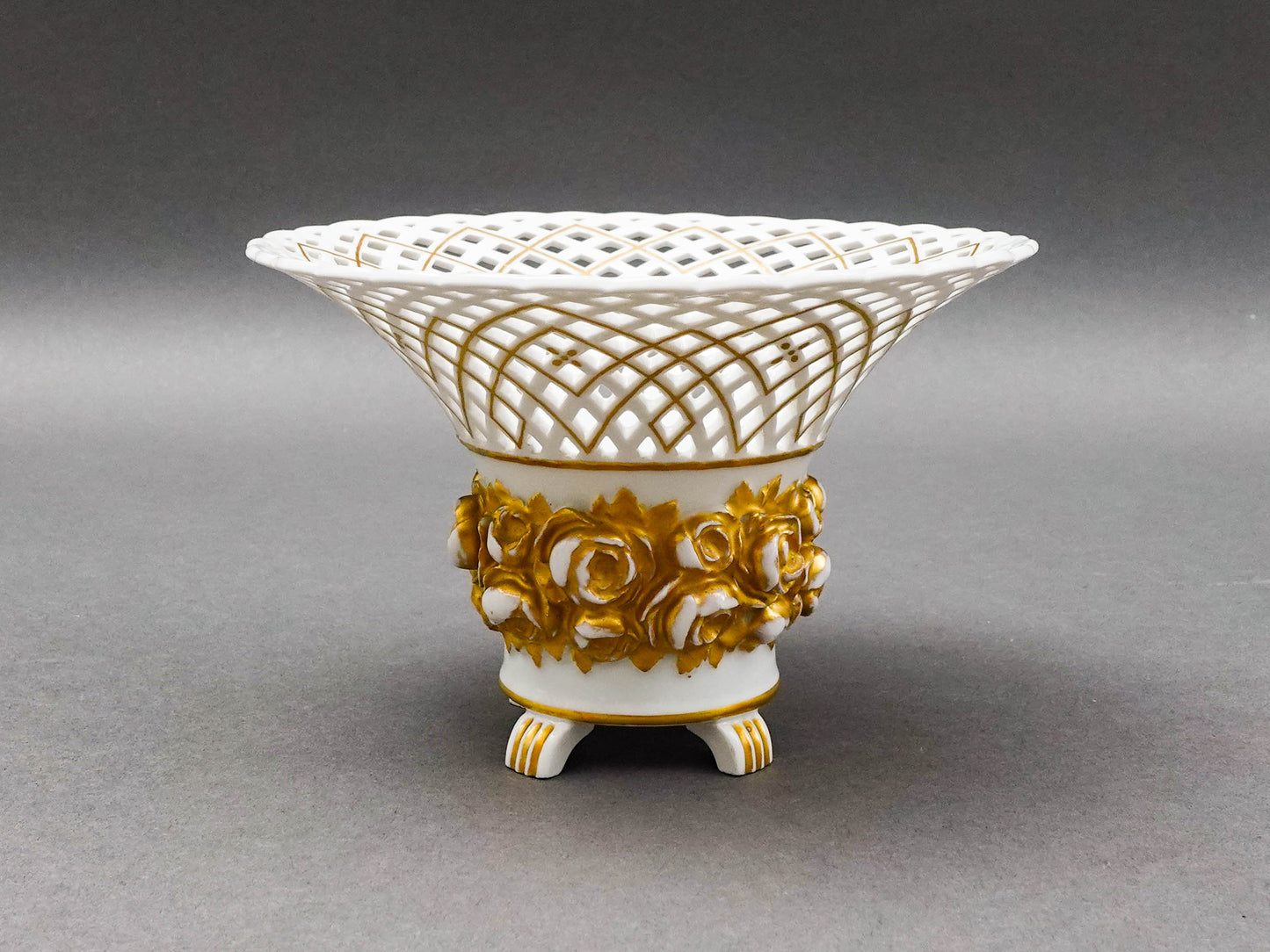 KPM Antique White Gold Floral Porcelain Reticulated Basket Compote Pedestal Bowl