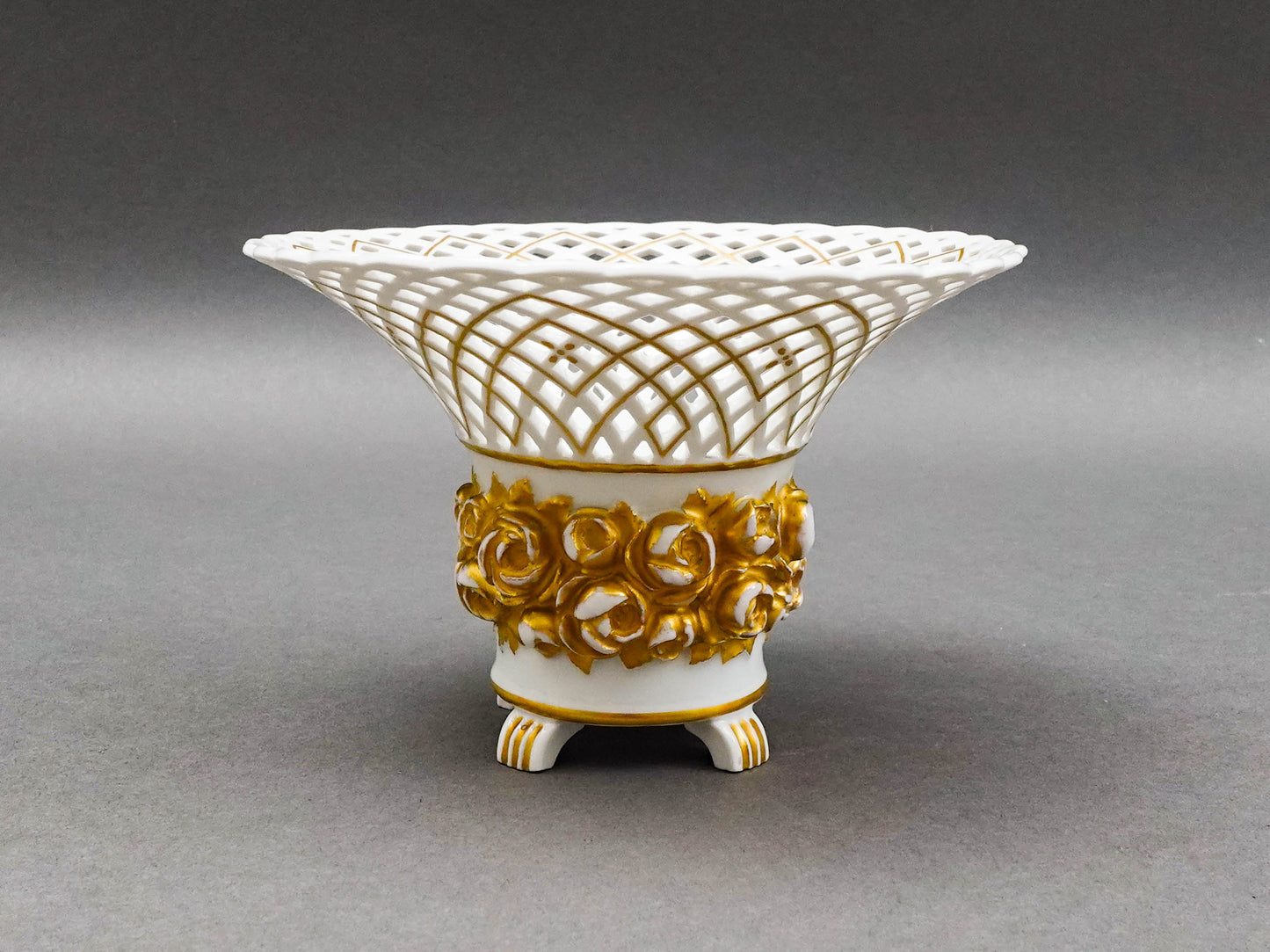 KPM Antique White Gold Floral Porcelain Reticulated Basket Compote Pedestal Bowl