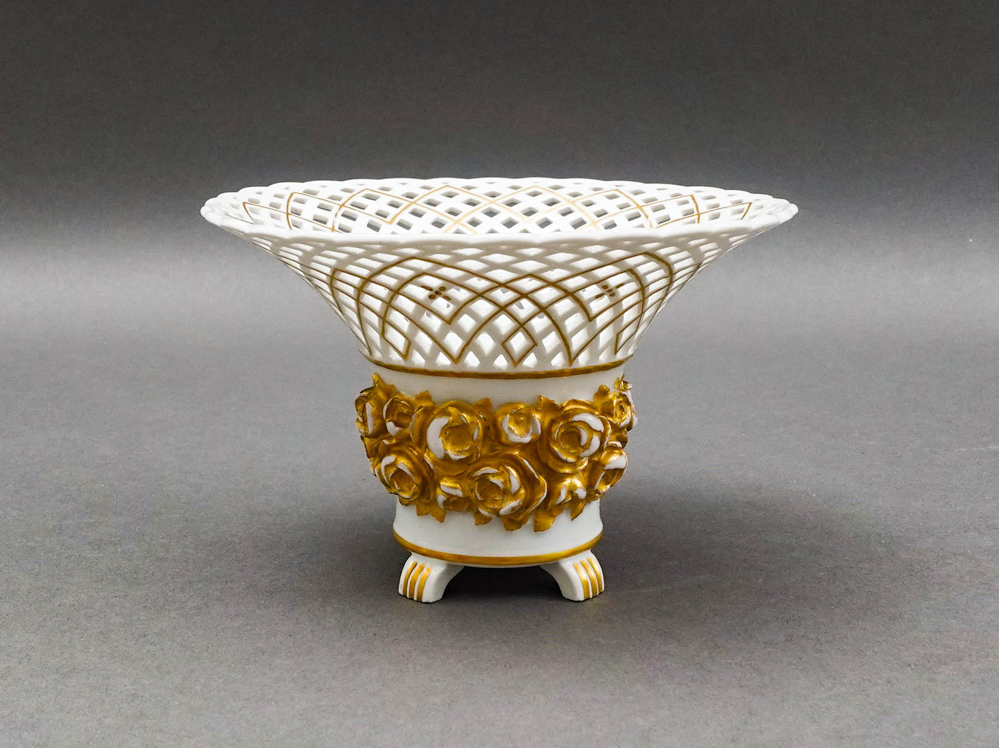 KPM Antique White Gold Floral Porcelain Reticulated Basket Compote Pedestal Bowl