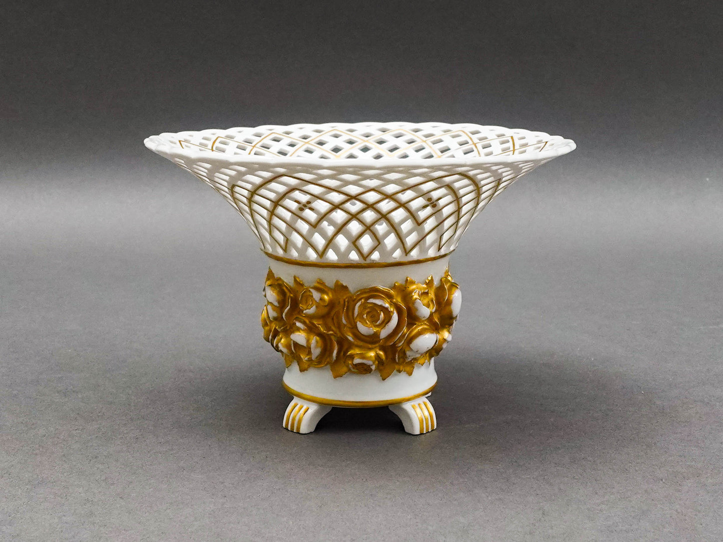 KPM Antique White Gold Floral Porcelain Reticulated Basket Compote Pedestal Bowl