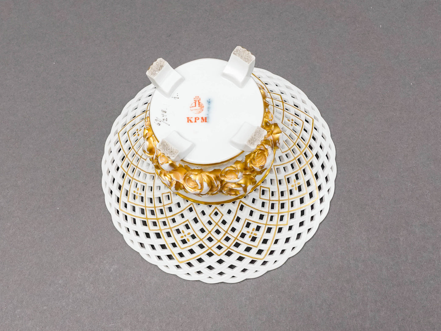 KPM Antique White Gold Floral Porcelain Reticulated Basket Compote Pedestal Bowl