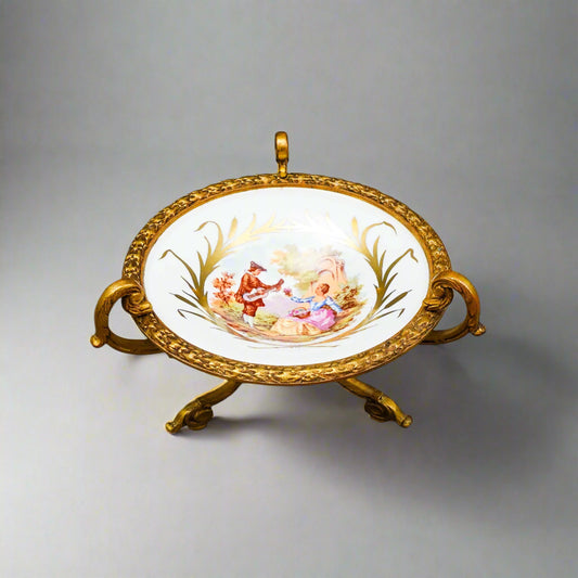 Sevres France Antique Fragonard Hand Painted Porcelain Bronze Ormolu Tazza Bowl