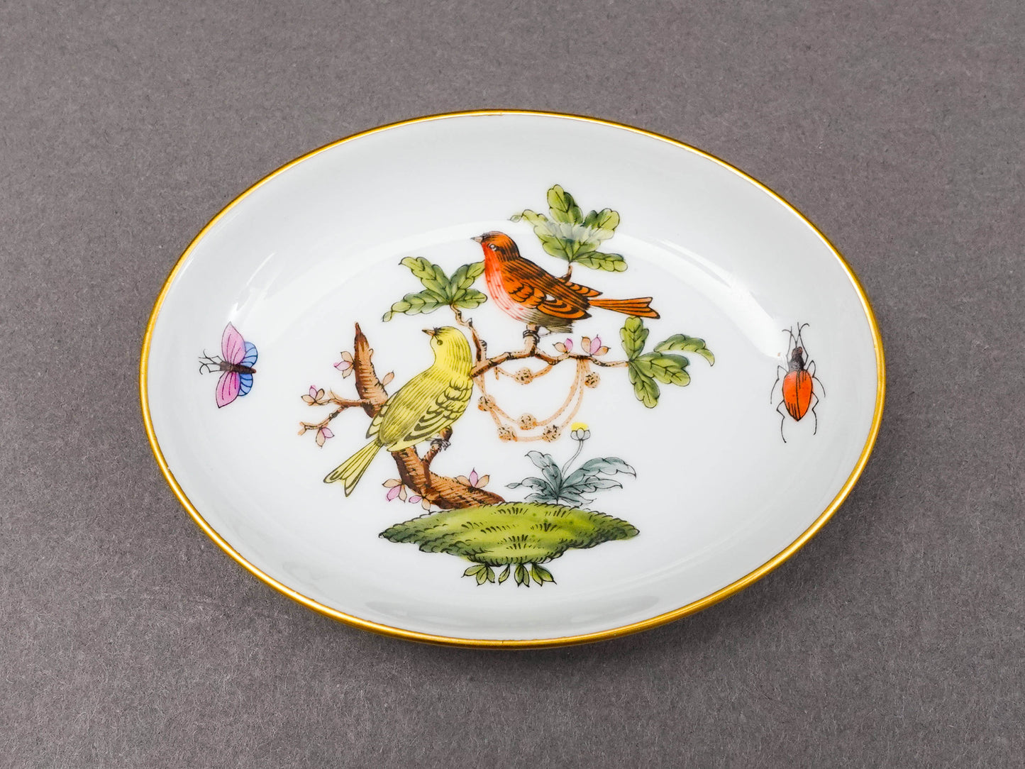 Herend Hungary Rothschild Bird Porcelain Oval Trinket Dish Butter Pat Tray 7781