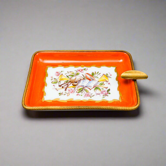 Limoges France Decore A La Main Handpainted Porcelain Bronze Ormolu Ashtray Dish