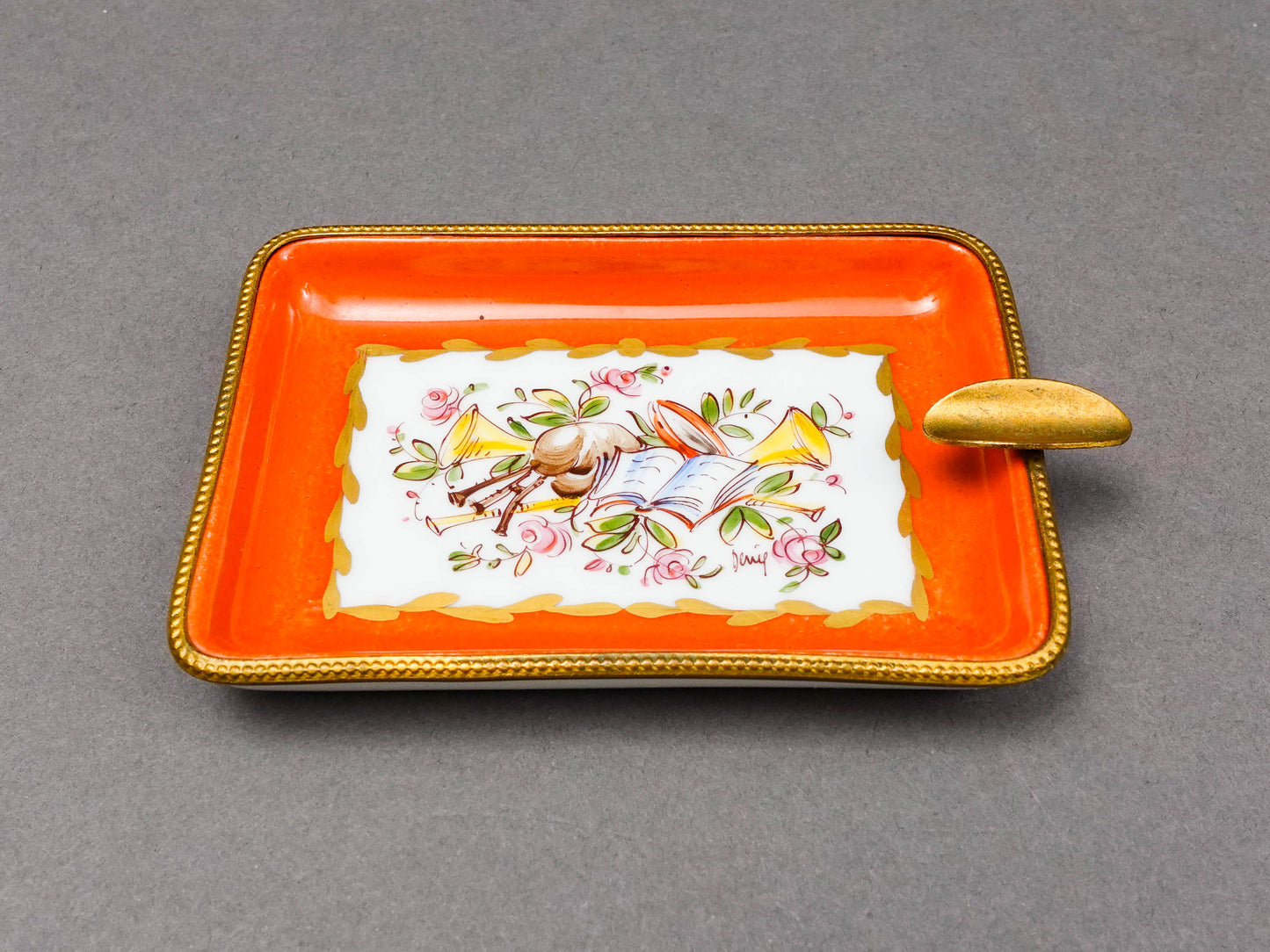 Limoges France Decore A La Main Handpainted Porcelain Bronze Ormolu Ashtray Dish