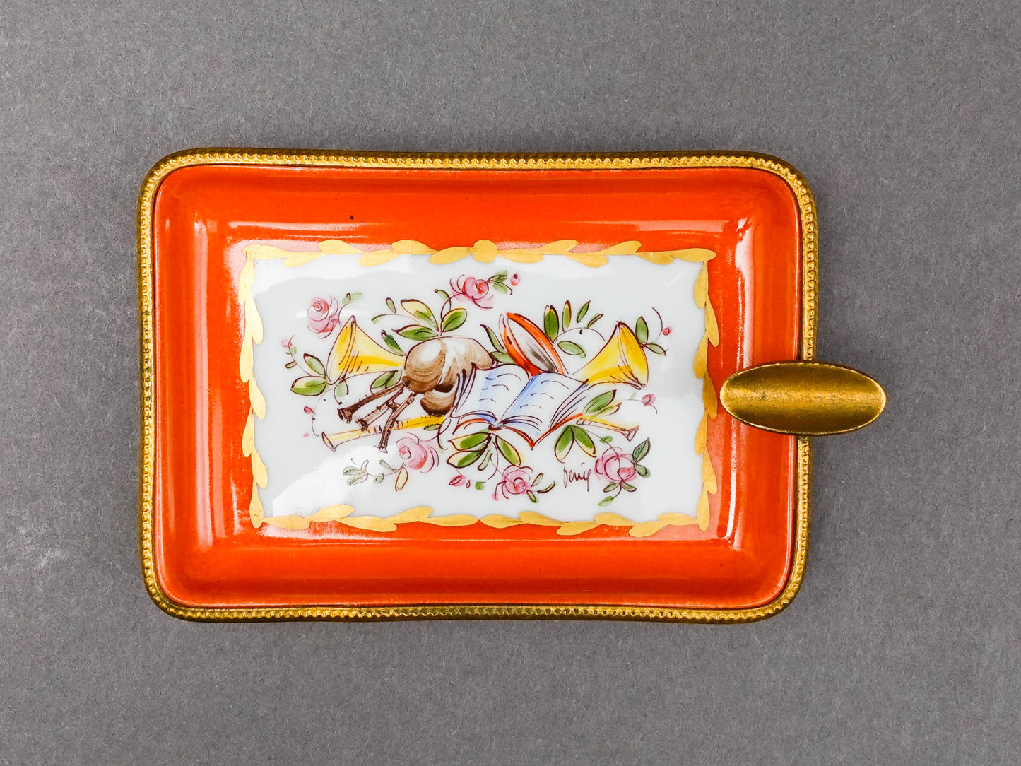 Limoges France Decore A La Main Handpainted Porcelain Bronze Ormolu Ashtray Dish