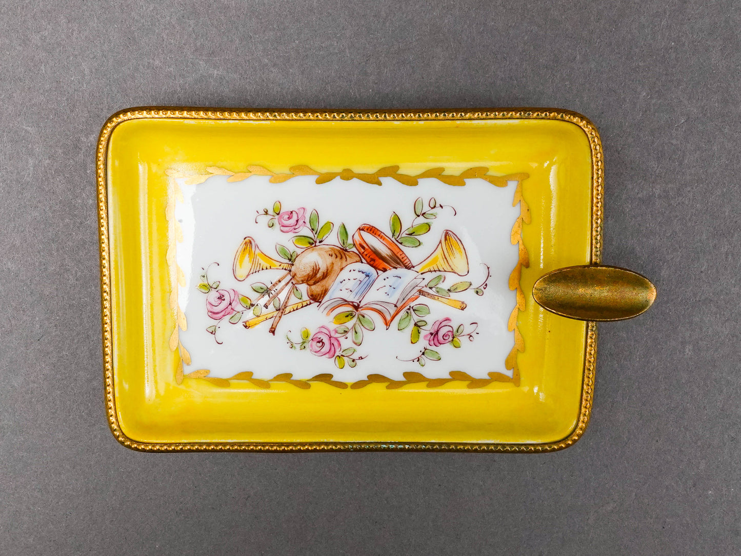 Limoges France Decore A La Main Handpainted Porcelain Bronze Ormolu Ashtray Dish