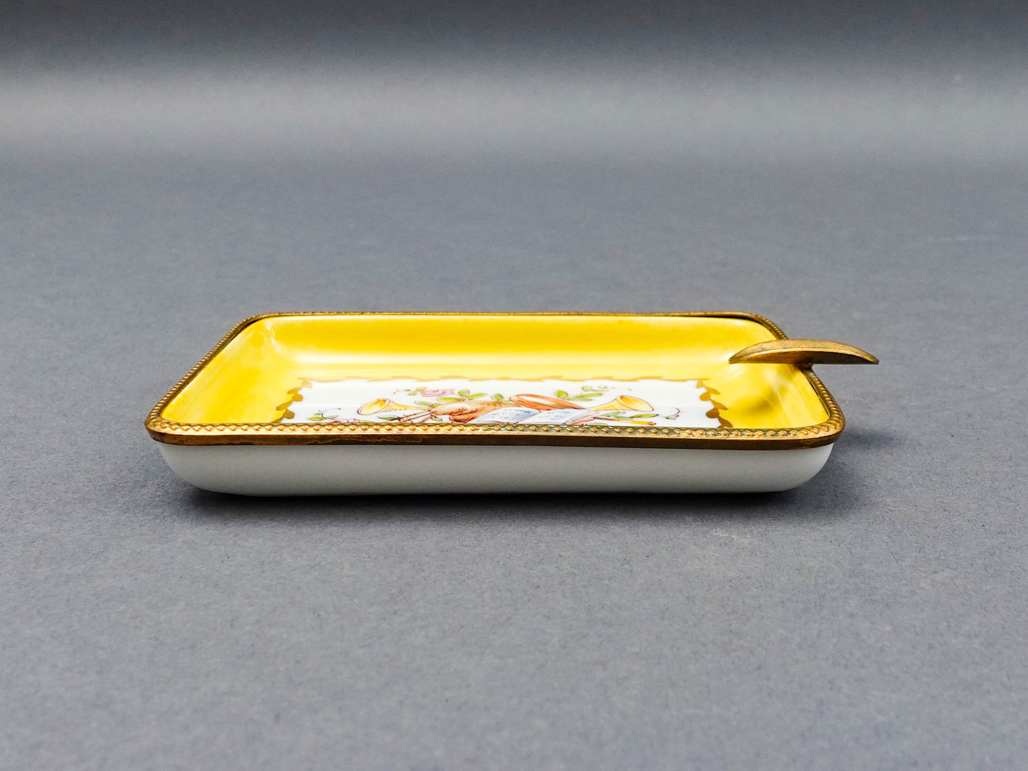 Limoges France Decore A La Main Handpainted Porcelain Bronze Ormolu Ashtray Dish