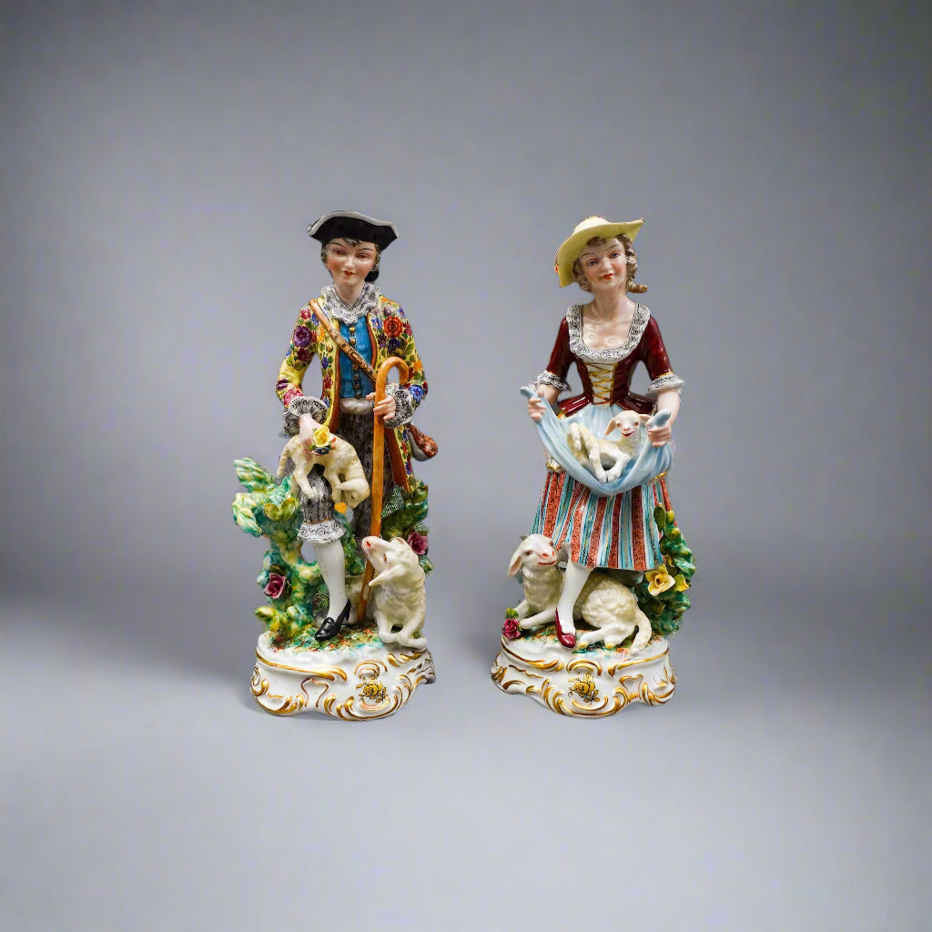 Meissen Germany Antique Fine Porcelain Shepard & Shepardess Figurine Pair