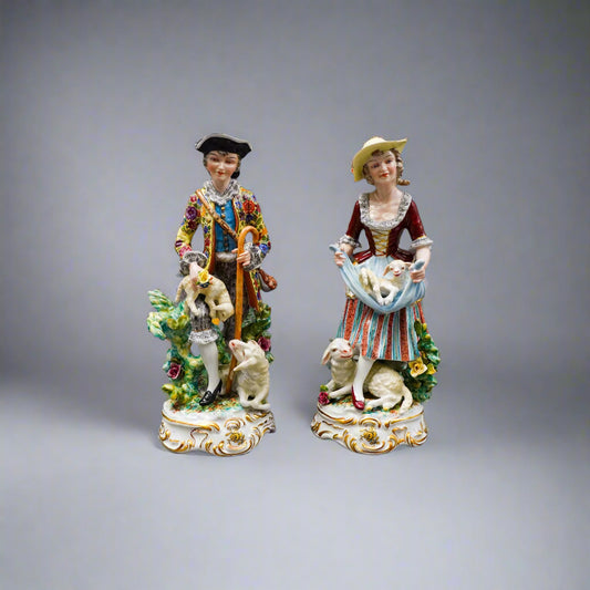 Meissen Germany Antique Fine Porcelain Shepard & Shepardess Figurine Pair