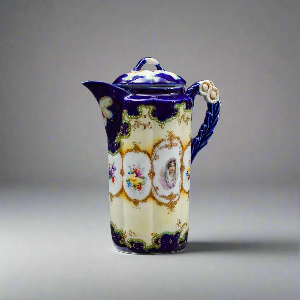 Nippon Antique Hand Painted Josephine Portrait Floral Porcelain Chocolate Pot
