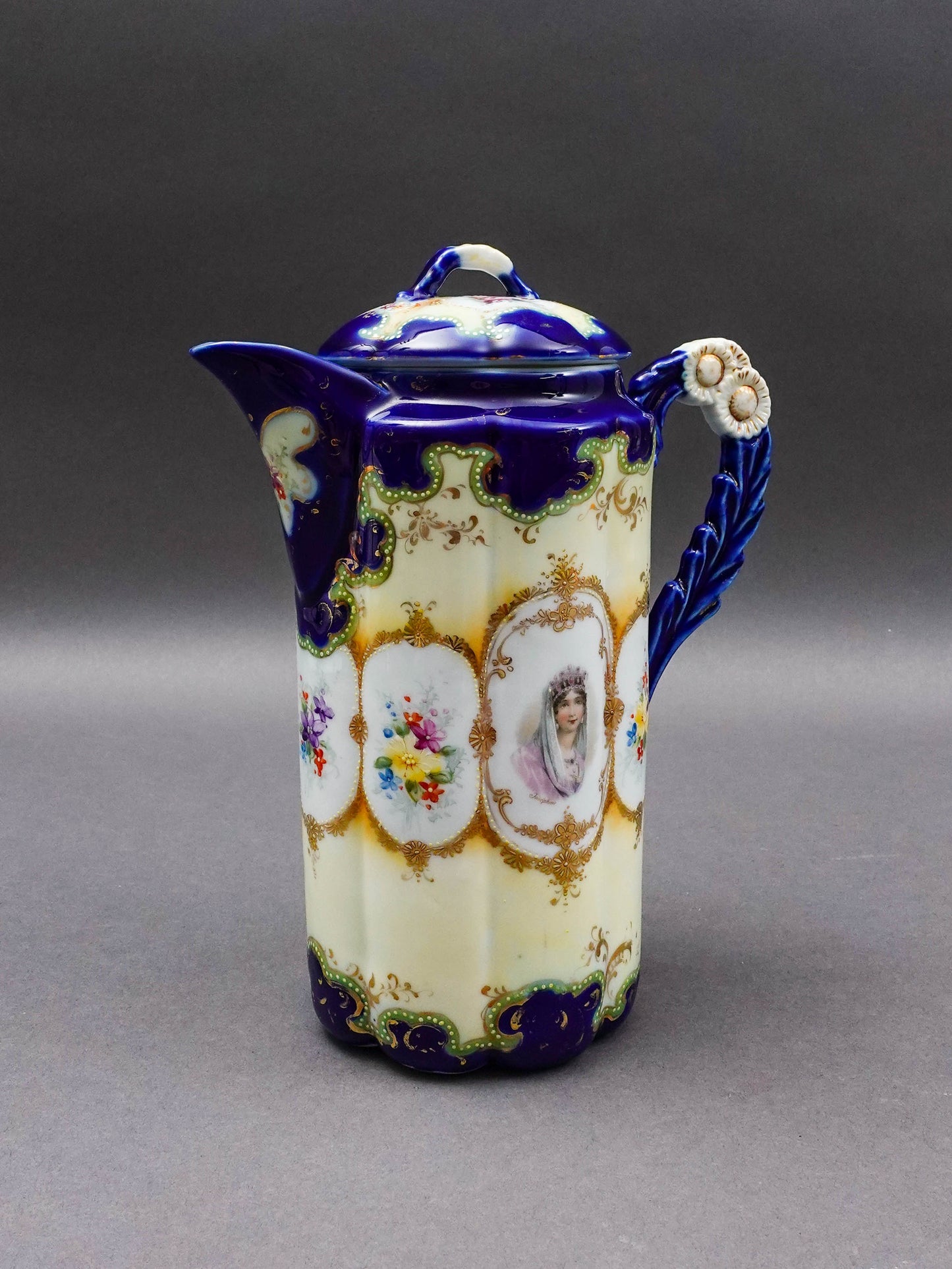 Nippon Antique Hand Painted Josephine Portrait Floral Porcelain Chocolate Pot